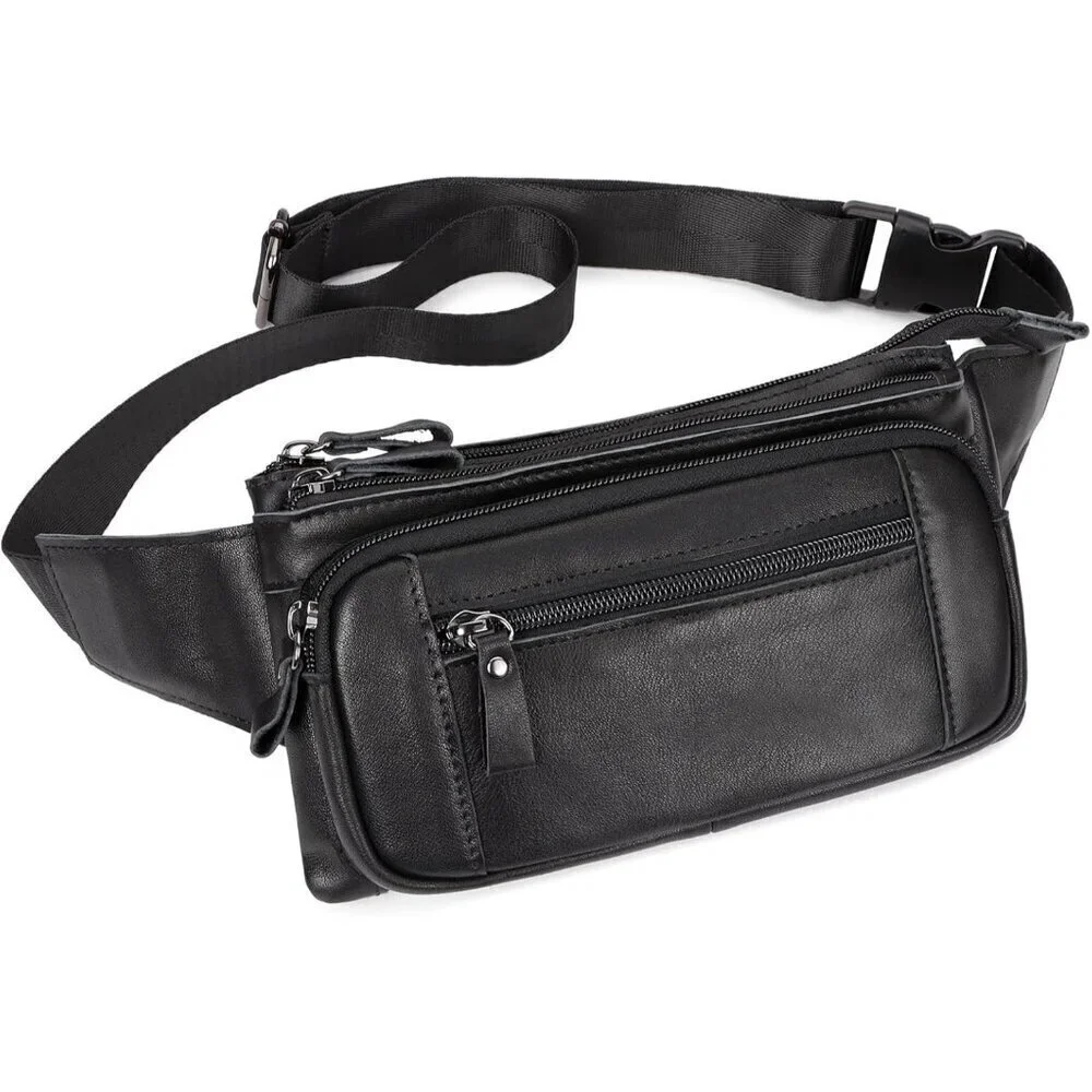 💫 Lareet Leather Adjustable Strap Men Black Belt Fashion Travel Waist Packs